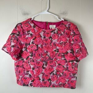 Kate Spade Rose Brocade Lummi Top Pink Multi Size 8 Short Sleeve Zipper